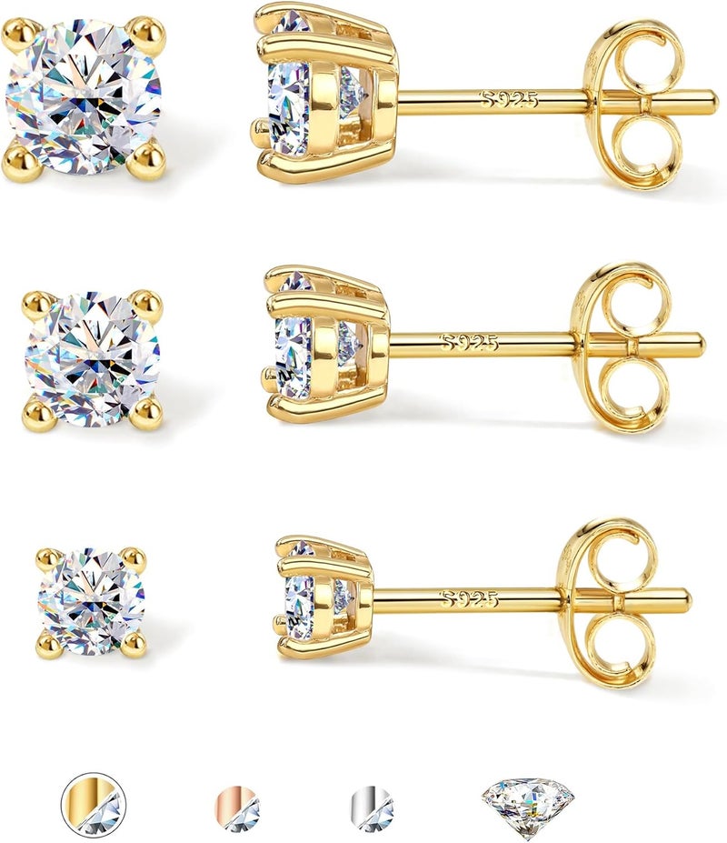 GEMQUEEN 3 أزواج من أقراط المويزنايت مع دبابيس مطلية بالذهب عيار 14K فضة استرلينية S925 مع ظهر مسطح للنساء والرجال - مجموعة مضادة للحساسية للمجوهرات المثقوبة في الغضروف والهيليكس، هدايا عصرية لعيد الشكر وعيد الميلاد، لون D VVS1 1.8CT - Image 1